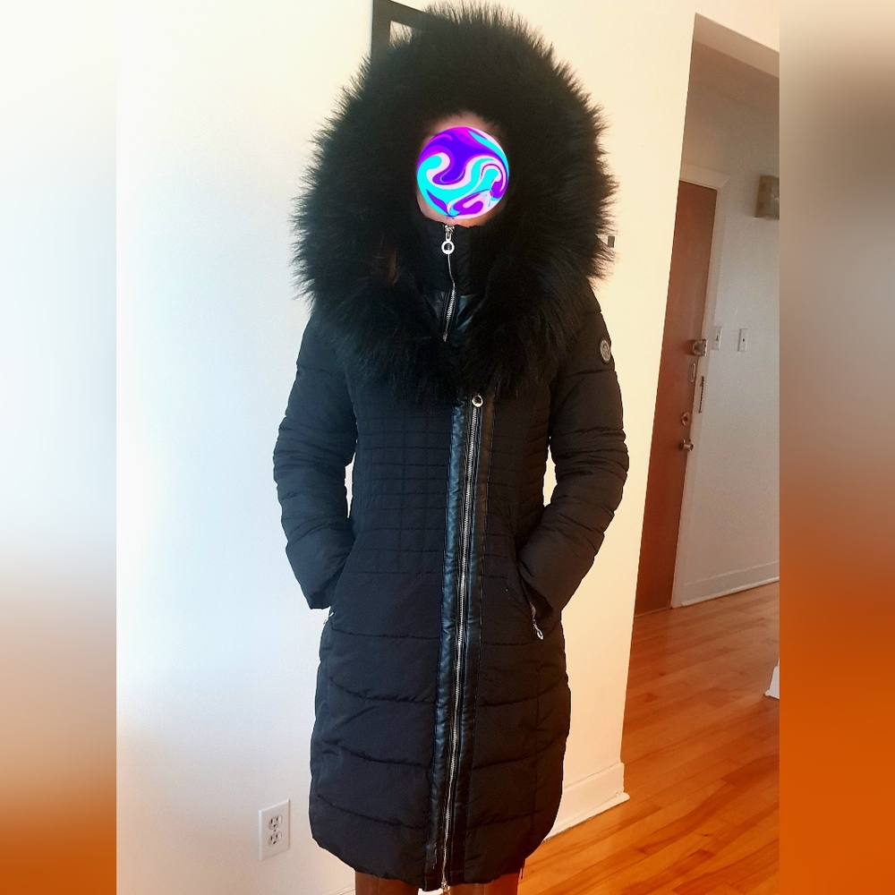 Noize Black Puffer Coat with Faux Fur Collar